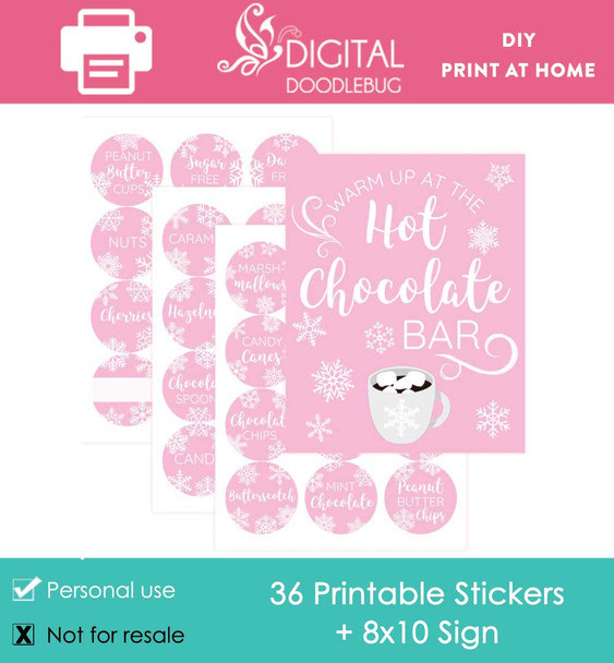 pink hot chocolate bar station kit sign and label tags for winter party