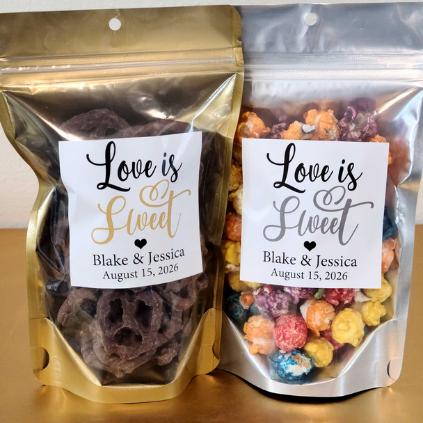 purple wedding favors love is sweet customized names and date