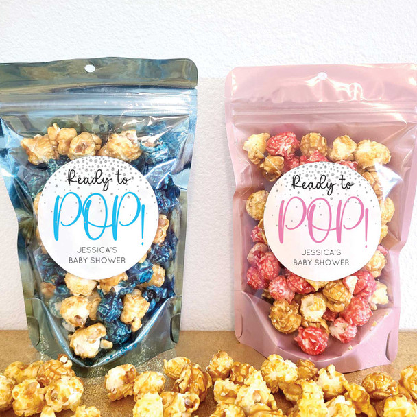 ready to pop personalized baby shower popcorn favors stickers and treat bags DIY kit blue boy or pink girl