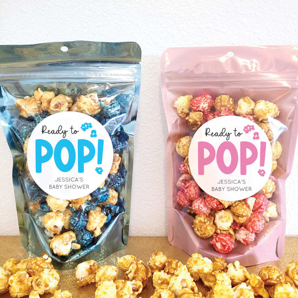 ready to pop personalized baby shower popcorn favors stickers and treat bags DIY kit blue boy or pink girl