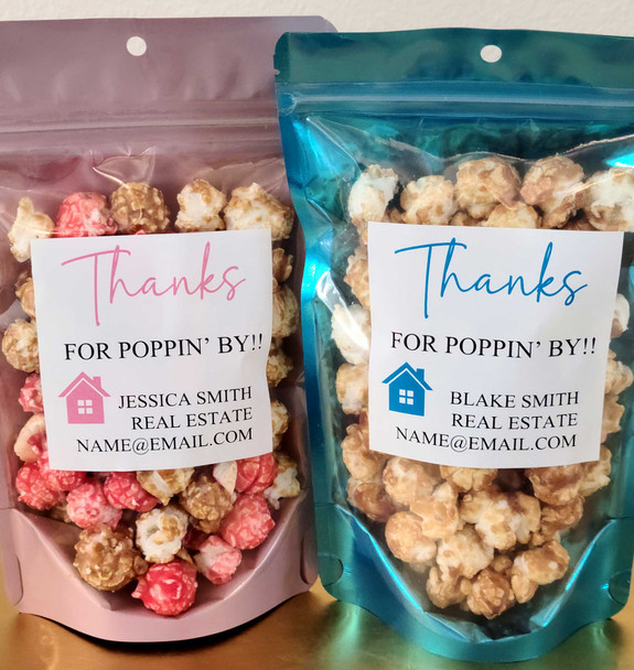 realtor open house personalized popcorn favors stickers and treat bags DIY kit thanks for poppin' by