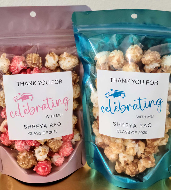 graduation personalized popcorn favors stickers and treat bags DIY kit thanks for celebrating with me