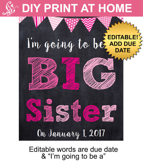 Big sister pink pregnancy announcement sign printable poster 8x10 or 16x20