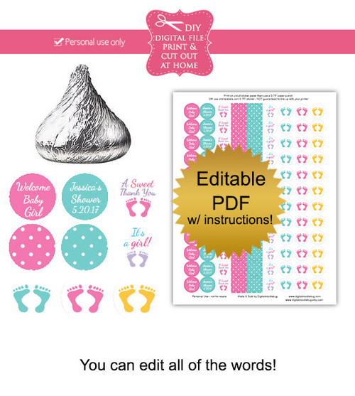 Girl footprints printable baby shower candy stickers editable PDF