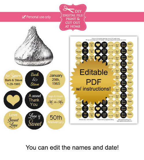 50th anniversary printable wedding candy stickers editable PDF