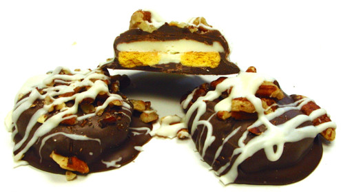 Sugar Free Milk Chocolate "3-Ways". Buttercream, Chocolate & Shortbread Cookie, coated in Milk Chocolate (all SF) & topped with Pecans, Drizzled with SF White Chocolate  about 1.2 lbs Sugar Free Milk Chocolate "3-Ways". Buttercream, Chocolate & Shortbread Cookie, coated in Milk Chocolate (all SF) & topped with Pecans, Drizzled with SF White Chocolate  about 1.2 lbs