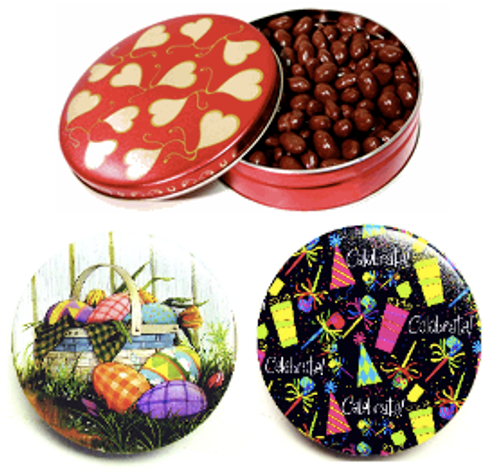 Round Tin Filled with 1.2 lbs of Our Finest Panned NSA (No Sugar Added) Nuts & Fruits, Coated in Sugar-Free Chocolate