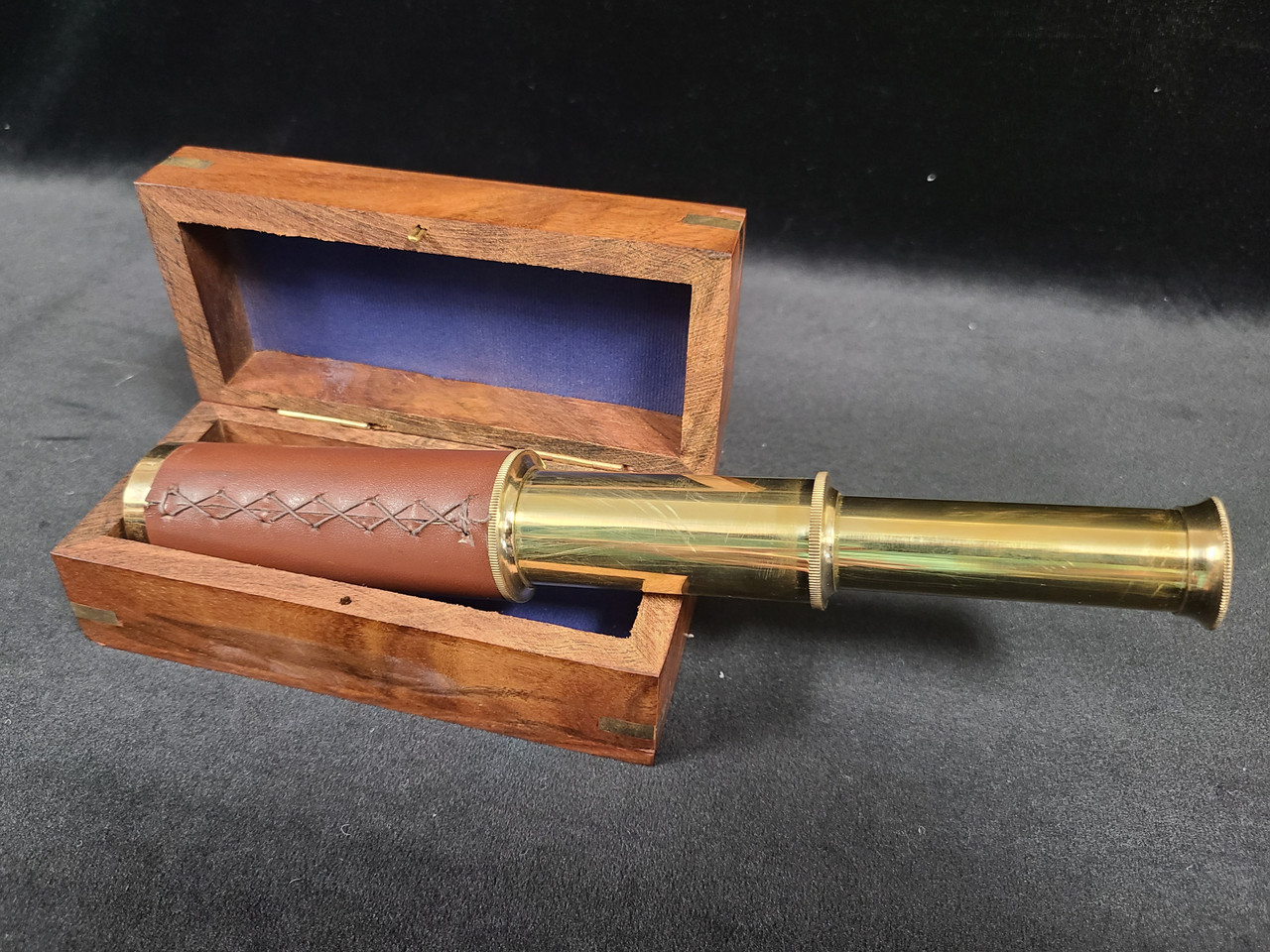 Brass & Leather Telescope w/ wood box - Ponce Inlet Lighthouse Locker