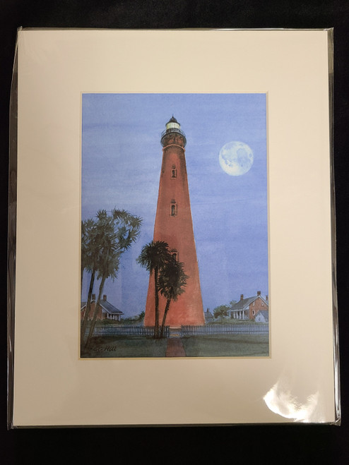 Lighthouse & Moon Matted Print 