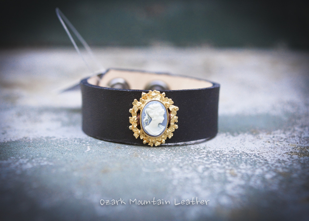  Vintage Rhinestone Leather Cuff in black with cameo