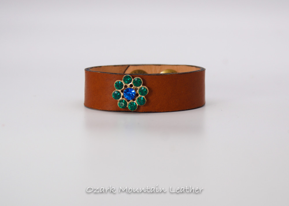 Vintage Leather Cuff  on brown with blue and green rhinestones