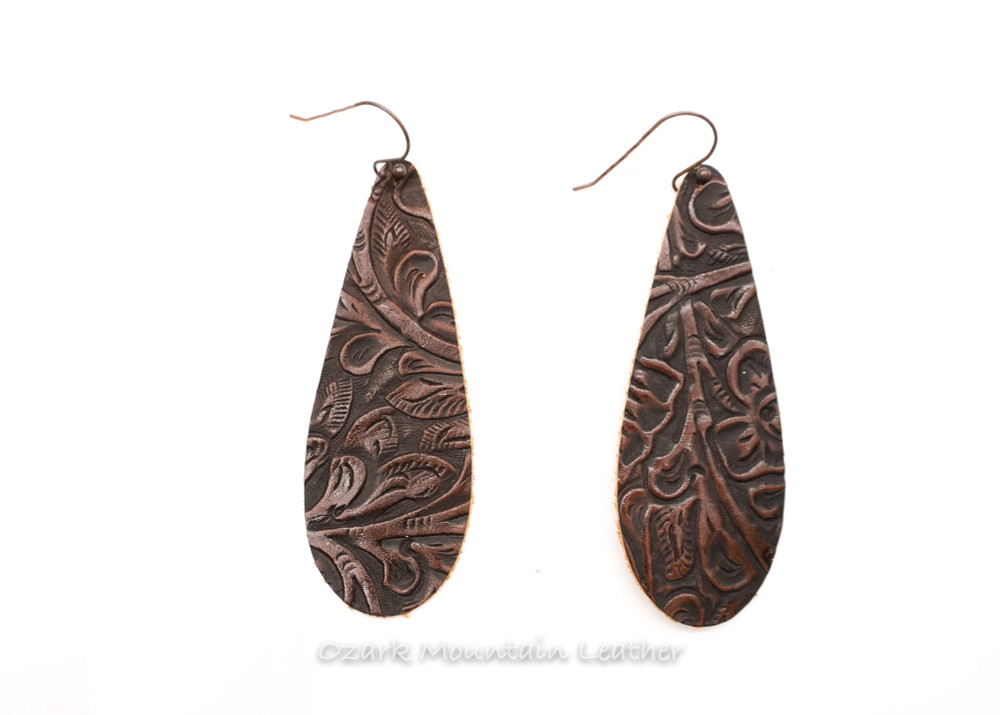 Western floral print brown Leather Earrings (ready to ship)