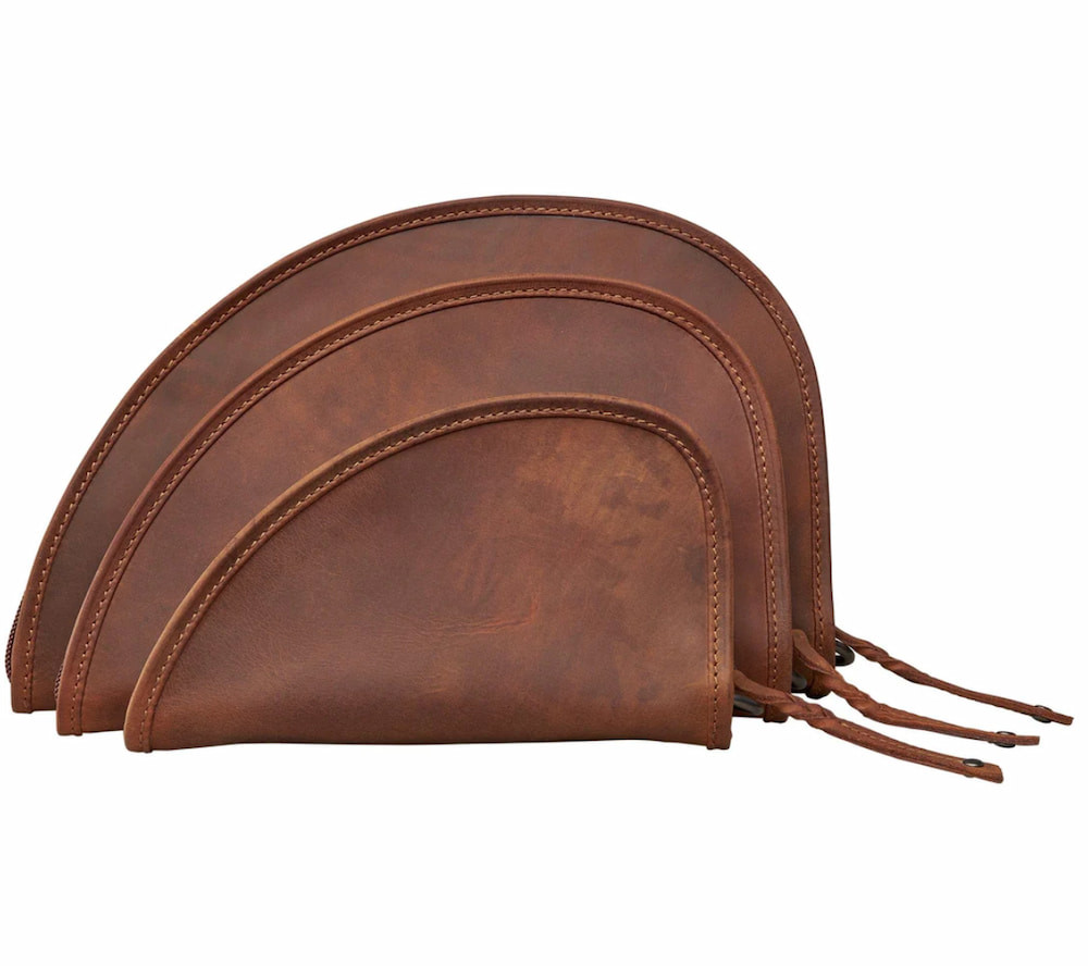 Leather gun cases to protect your firearms.  Three sizes to choose from.  Small, medium and large in a brown leather with a zipper closure.