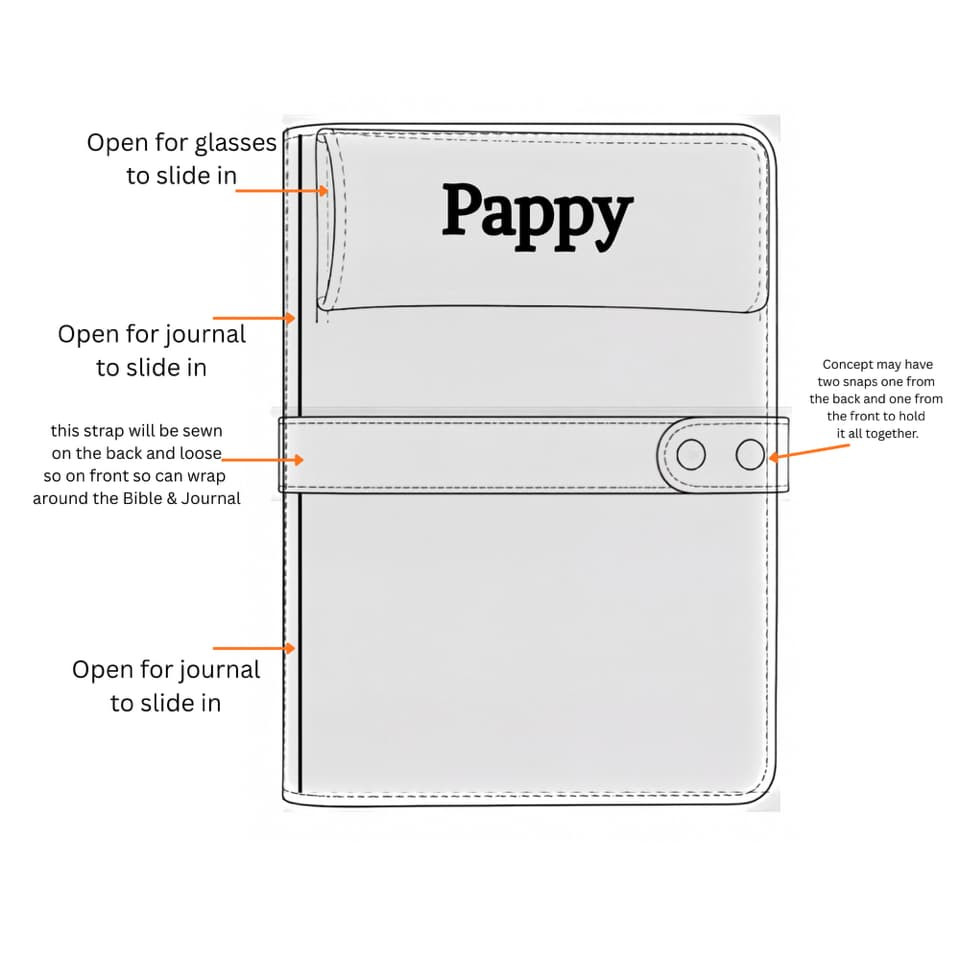 Custom Bible cover design created by Ozark Mountain Leather featuring an integrated journal holder, reading glasses pouch, wraparound closure and personalized laser engraving. Designed as a made-to-order American bison leather Bible organizer.