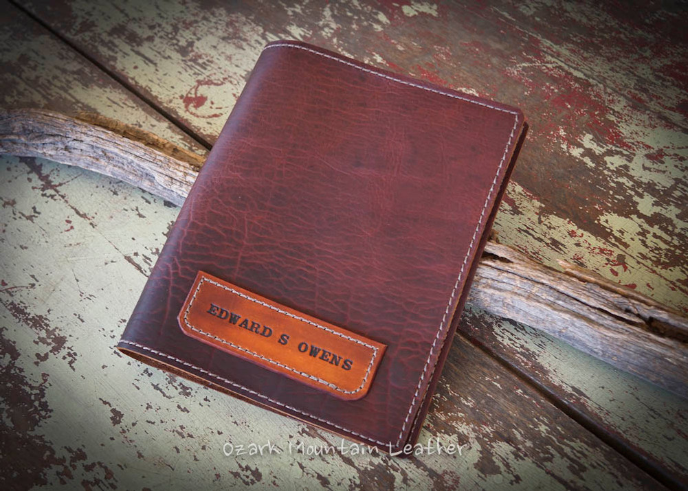Bison leather Bible or book cover made from bison leather by Ozark Mountain Leather.  Can have custom name plate added.