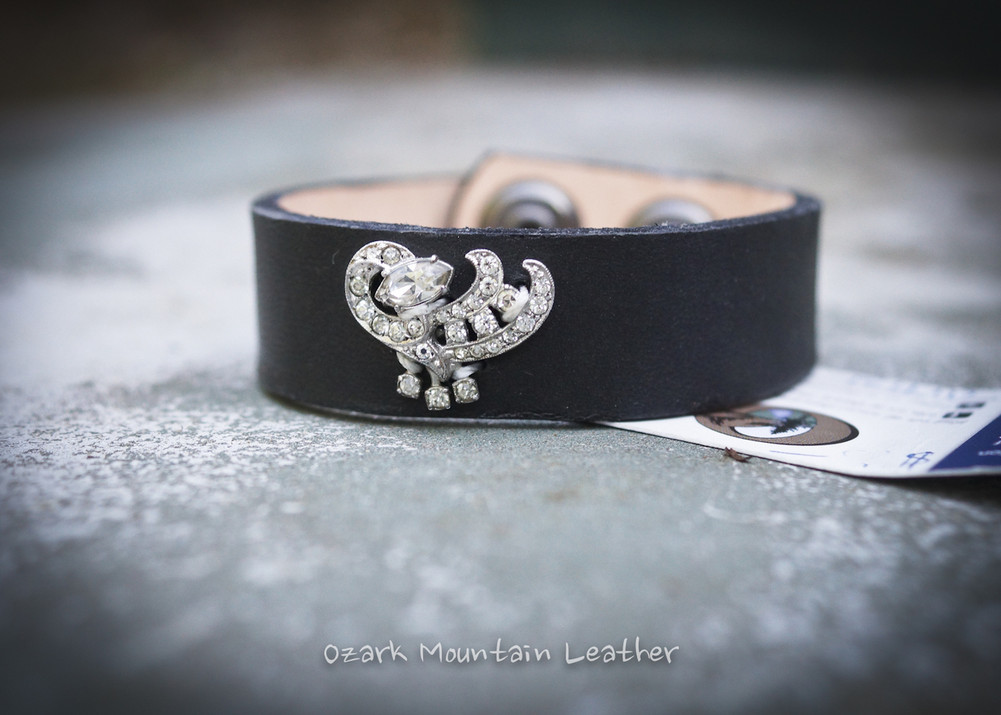 Vintage Rhinestone Leather Cuff in black clear rhinestones