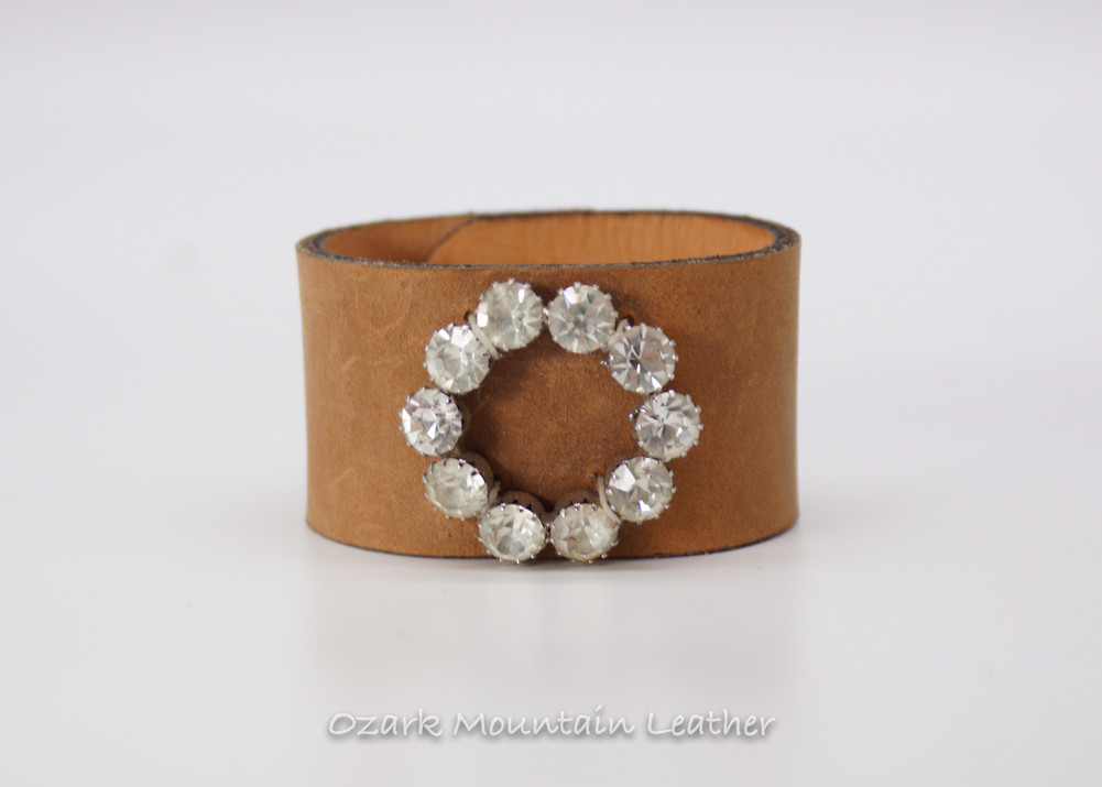 Orange Vintage Rhinestones on Brown Leather Cuff