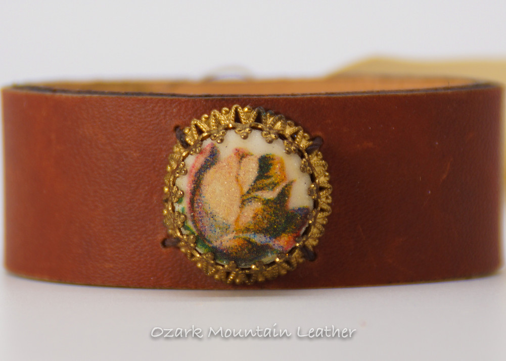 Sugard flower brooch on brown Horween leather cuff