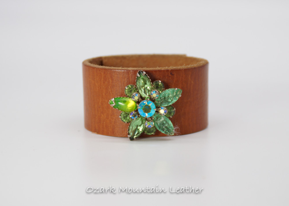 Vintage Leather Cuff with Blue/Green Rhinestones