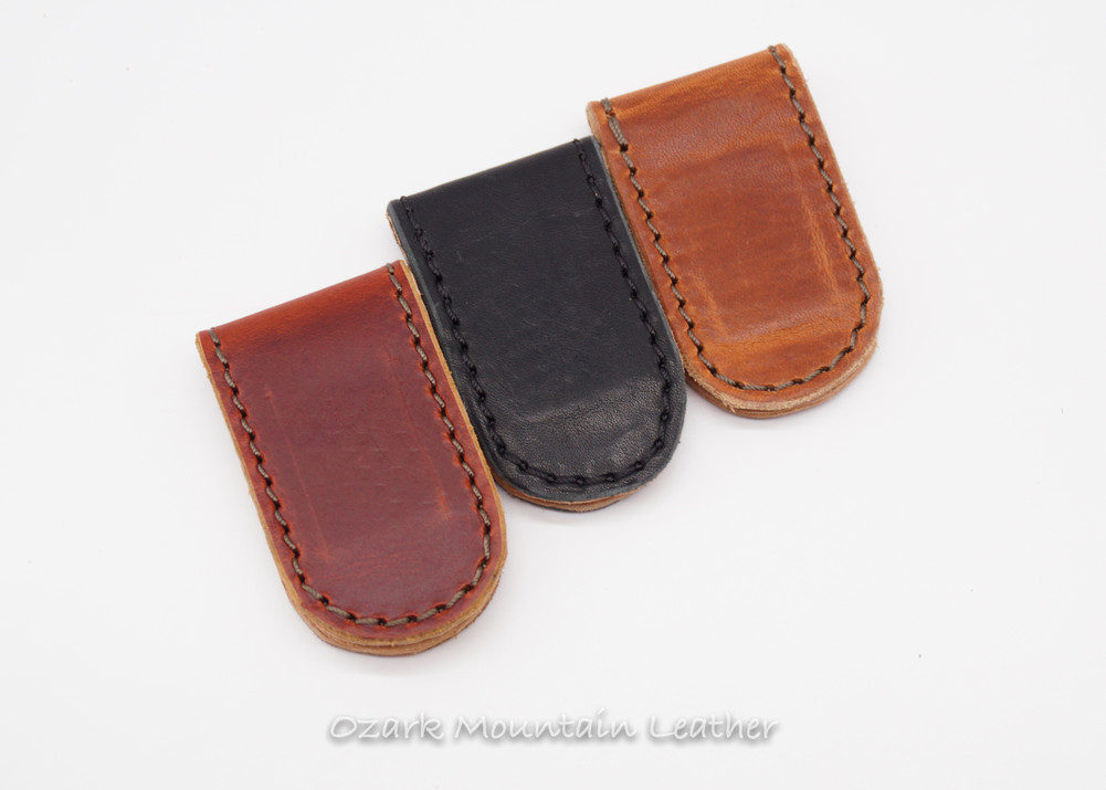 Strong leather magnetic money clip available in Burgundy, Black and Tan Horween leather.  Handmade in the USA