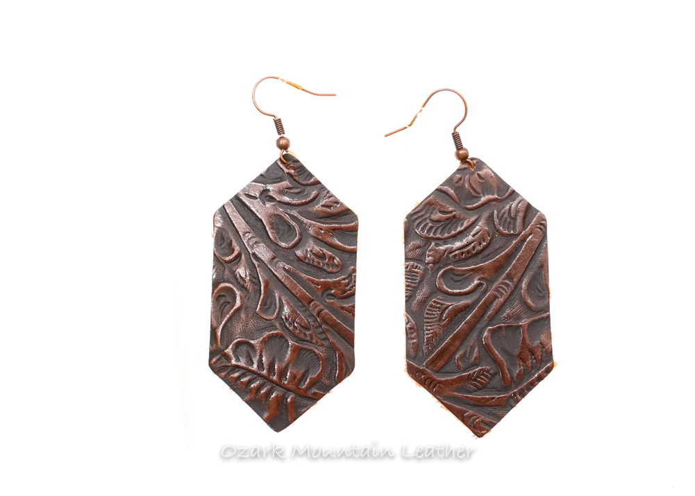 Western floral brown Leather Earrings  hexagon shape (ready to ship)