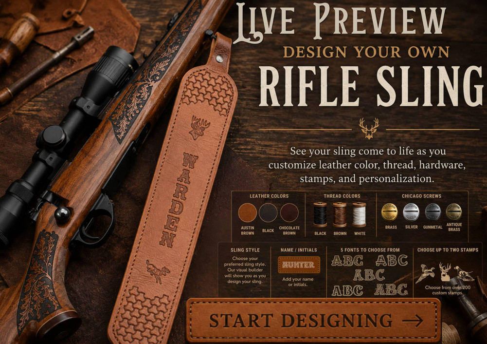 Ozark Mountain Leather custom rifle sling visual builder featuring a personalized leather rifle sling alongside a hunting rifle. Customers can customize sling style, leather color, thread color, Chicago screw hardware, names, initials, font choices, and over 200 custom hunting and wildlife stamps while viewing changes instantly before ordering.