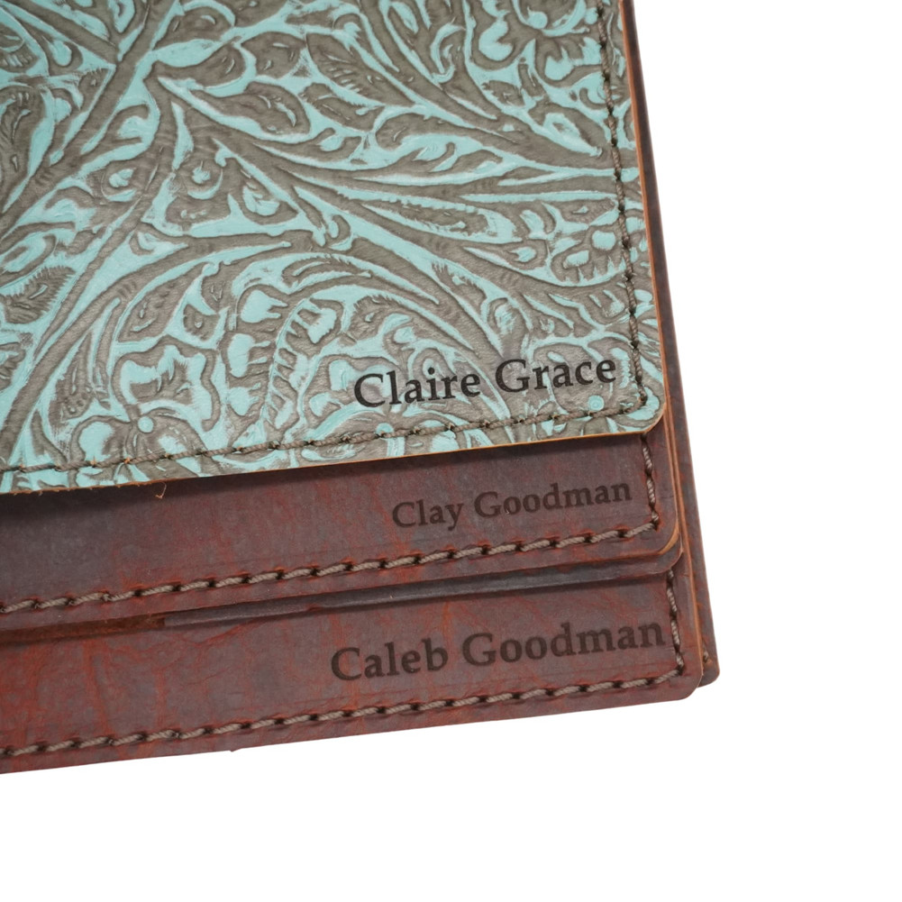 Personalized leather Bible cover with laser engraved name in lower right corner, handmade in Arkansas