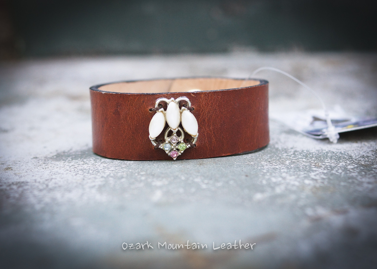 Vintage Leather Cuff with Blue/Green Rhinestones