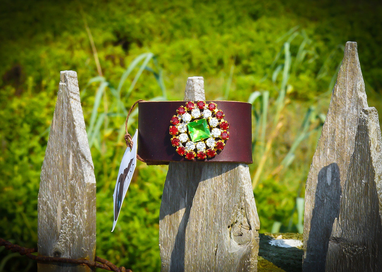 Vintage Leather Cuff with Blue/Green Rhinestones