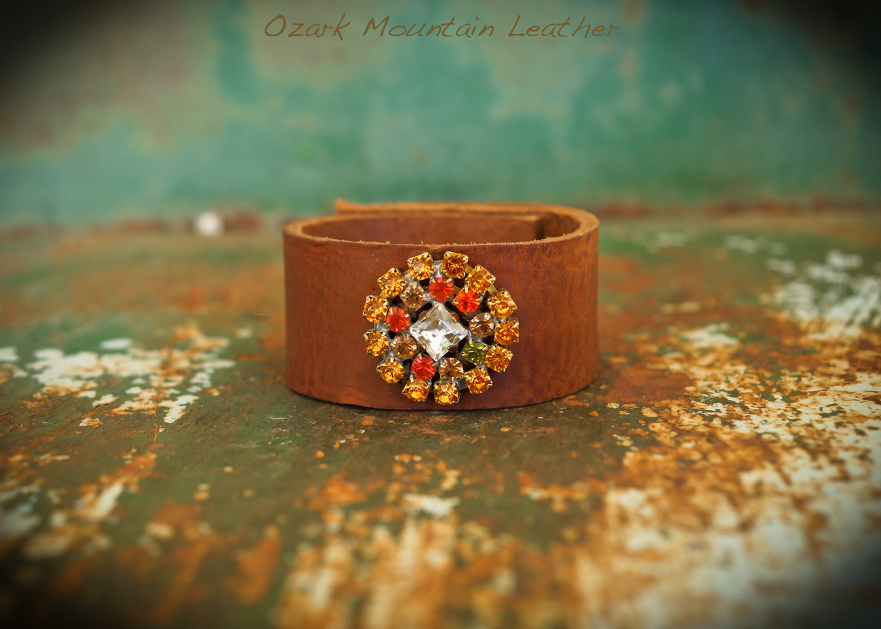 Orange Vintage Rhinestones on Brown Leather Cuff