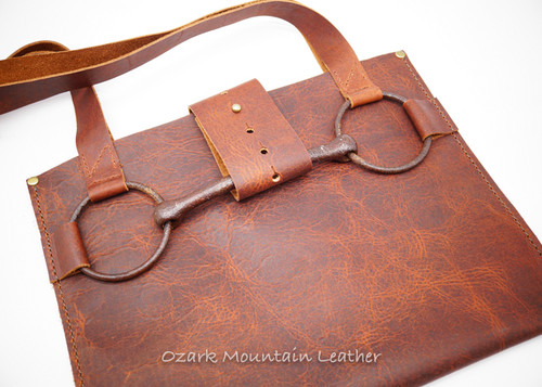Brown Bison Leather Horse Bit Tote Bag Over the Shoulder Purse western style shoulder bag one of a kind gift made by Ozark Mountain Leather in the USA