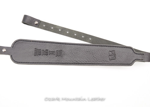 Custom leather rifle sling in black.  Can be personalized with name or initials made for gun with swivels.  Hunting sling