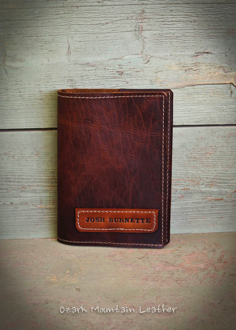 Bison leather Bible or book cover made from bison leather by Ozark Mountain Leather.  Can have custom name plate added.