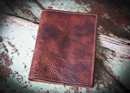 Bison leather bible cover handmade by Ozark Mountain Leather.  American Bison leather