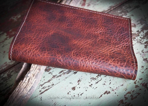 Side view of custom fitted bison leather Bible cover