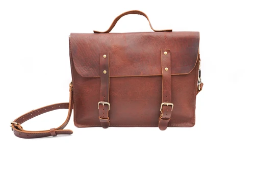 Bison leather messenger bag handmade by Ozark Mountain Leather in brown.  Perfect for business or school use.  Can be worn cross body or over the shoulder.