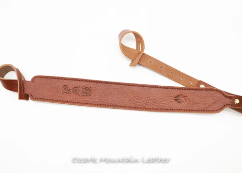 Custom leather shotgun sling for a gun without swivels.  Leather rifle sling personalized with name or initials.