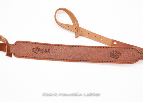 Custom leather shotgun sling for a gun without swivels.  Leather rifle sling personalized with name or initials.