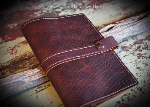 Bison leather Bible or book cover made from bison leather by Ozark Mountain Leather. Snap closure brown leather custom made and personalized just for you. Makes a great gift