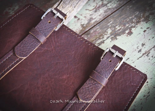 Bison leather Bible or book cover with double straps by Ozark Mountain Leather.