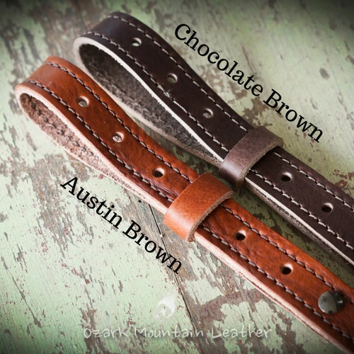 Custom one inch rifle sling strap for a gun with swivels in Austin Brown, chocolate and black. Handmade in the USA.