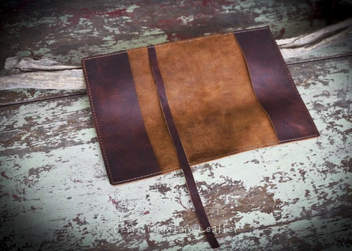 Bison Leather Bible cover with bookmark sewn in.  Bison leather Bible or book cover handmade in the USA.