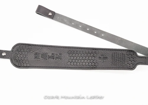 Hand tooled leather custom rifle sling with name or initials.  Cobra style leather rifle sling in black. Makes great gift made in USA.