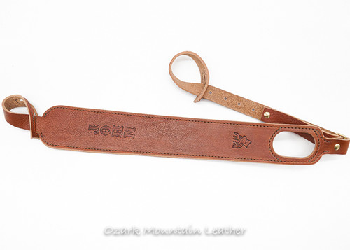 Custom leather shotgun sling with thumb-hole design Cobra style for a gun with no swivels or no drill sling.  Rifle sling for guns without swivels