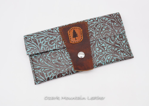 Bison and Turquoise leather wallet.  Cash wallet for cards and cash.  All leather women's wallet