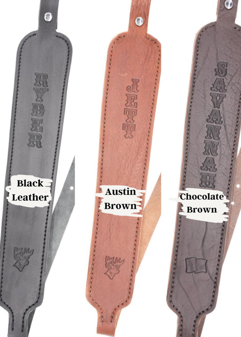 Ozark Mountain leather rifle slings color choices.  Austin brown, chocolate brown, and black leather.  Personalized and made just for you. Custom leather rifle sling builder with visual design options