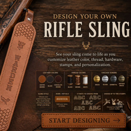Design your own leather rifle sling by choosing your own leather, hardware, thread, and custom stamp choices including 5 fonts to choose from made by Ozark Mountain Leather