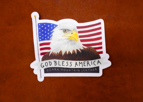God Bless America patriotic sticker with bald eagle and American flag by Ozark Mountain Leather, durable vinyl USA decal