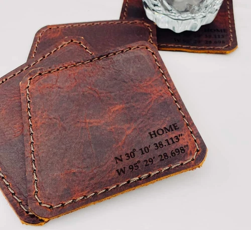Custom bison leather coasters. Laser engraved with name, coordinates or other custom text.  Makes a great gift for wedding, birthday, holiday, christmas, bachelor party or bridesmade gift.