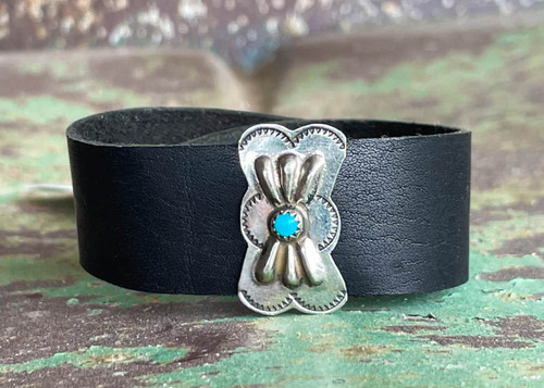 Vintage/antique sterling silver and turquoise cluster concho on the perfect piece of black leather.  Leather cuff bracelet By Ozark Mountain Leather